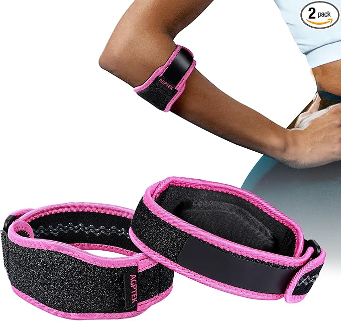 AGPTEK Elbow Brace for Tendonitis and Tennis 2 Pack, Tennis Golfers Elbow Support Arm Band Wrap Weightlifting Elbow Strap with Compression Pad for Men & Women (Pink)