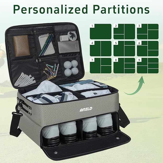 ANILD Golf Trunk Organizer, 2 Layer Golf Storage Case with Separate Ventilated Compartment for 2 Pair Shoes, for Balls, Tees, Clothes, Gloves, Accessories, Golfer Gifts