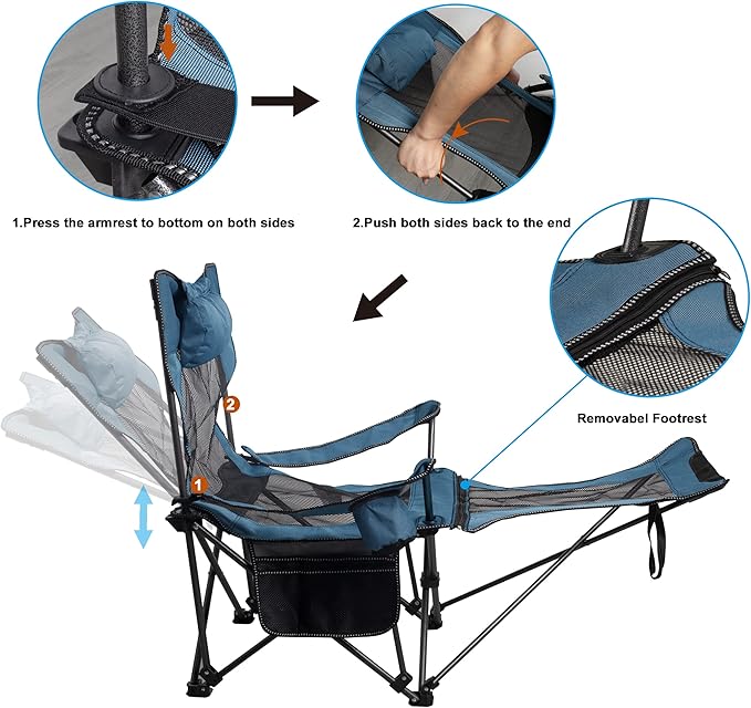 LEADALLWAY Camping Folding Chair with Foot Rest, Collapsible Camp Chair with Cup Holder and Removable Storage Bag, Heavy Duty Beach Chair for Outdoor Camp, Picnic, Travel, Fishing