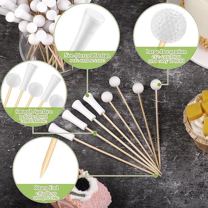 Aodaer 200 Pieces Golf Tee Cocktail Picks 4.72 Inch Golf Ball Toothpicks Disposable Bamboo Skewers Sports Themed Fruit Picks Decorative Toothpicks for Appetizers Sports Players Party Supplies Events