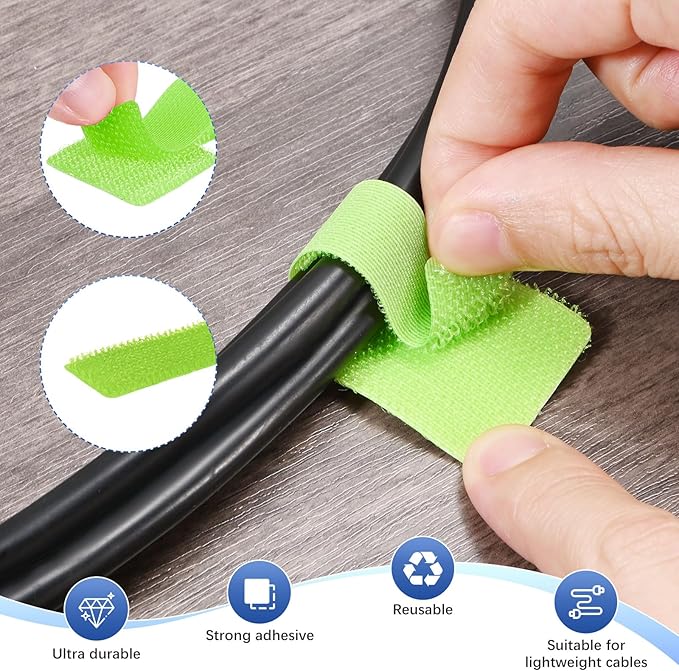 100-Pack Hook and Loop Cable Ties, 3.5 x 1.1 Inch Adjustable Self-Adhesive Cord Organizer for Desk/Home/Wall/Office Essentials, Cable Management Under Desk [Green]