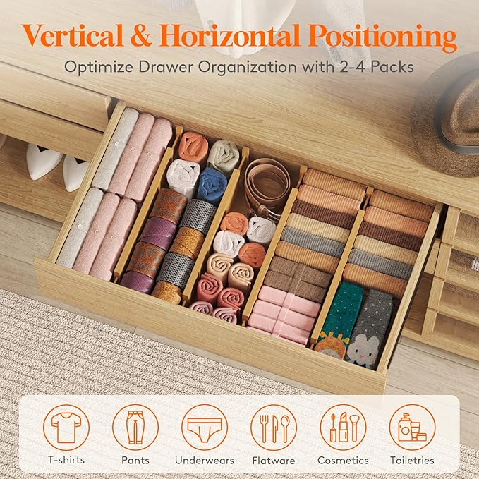 Lifewit 4 Pack 4" High Bamboo Drawer Dividers, 17-21.5" Adjustable Drawer Organizers for Clothes, Wood Dresser Drawer Divider, Expandable Deep Drawer Separators for Dresser, Kitchen, Bedroom, Bathroom