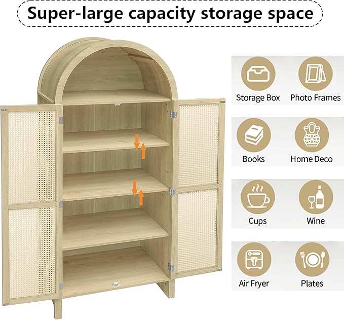 Rainbow Home California 70" Tall Arched Kitchen Pantry with 2 Large Rattan Doors, Storage Display Cabinet with 2 Adjustable Shelves, Versatile for Dining Room, Living Room, Study, Natural