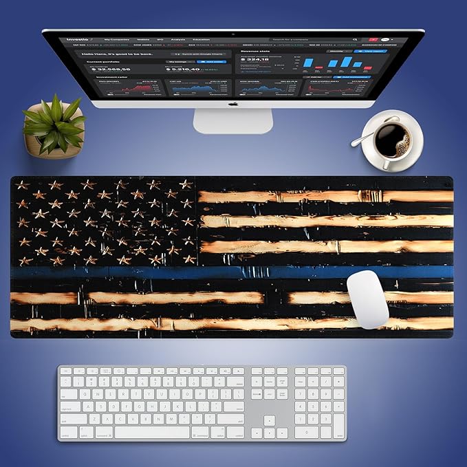 Wknoon. Extra Large Gaming & Office Mouse Pad (31.5" x 11.8") – Rustic Wood American Flag Retro US Thin Blue Line Design, Anti-Slip XXL Desk Mat with Durable Stitched Edges & Smooth Cloth Surface