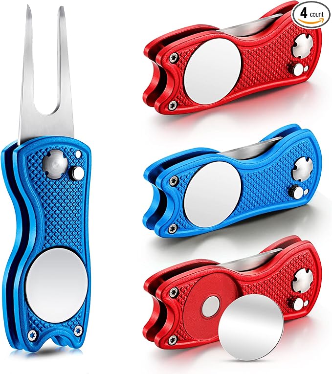 Skylety 4 Pcs Golf Divot Repair Tool Metal Foldable Golf Divot Tool with Magnetic Pop-up Button Ball Marker Stainless Steel Switchblade for Golfers Prizes