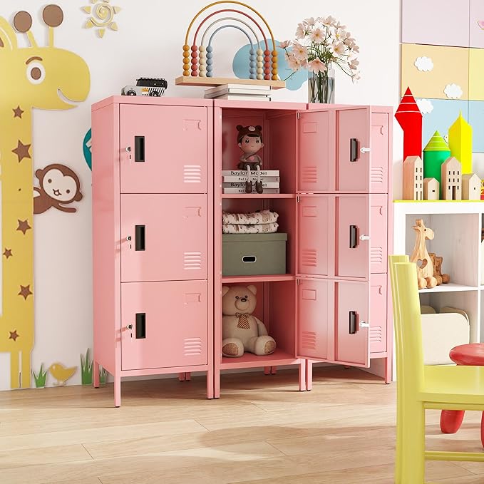 Aobabo Metal Locker, 16" W 3 Door Metal Storage Lockers for Employees with Lock and Name Card Holder for School, Home, Office, Playroom, Assembly Required, Pink