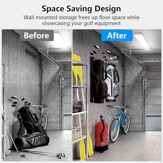 Wall Mount Golf Bag Storage Stand Organizer Rack for Garage,Golf Bag Storage,Tool-Free Length Adjustment,Golf Bag Wall Storage,Golf Storage Organizer for Garage,Clubs, Home, Basement
