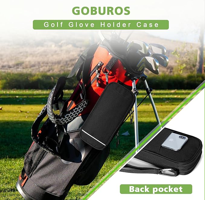 Golf Glove Holder, Golf Glove Case with A Pair of Golf Gloves Stretcher with Hook, Protective Golf Accessory Case for Tees, Ball Markers, Phone and Golf Essentials, Black