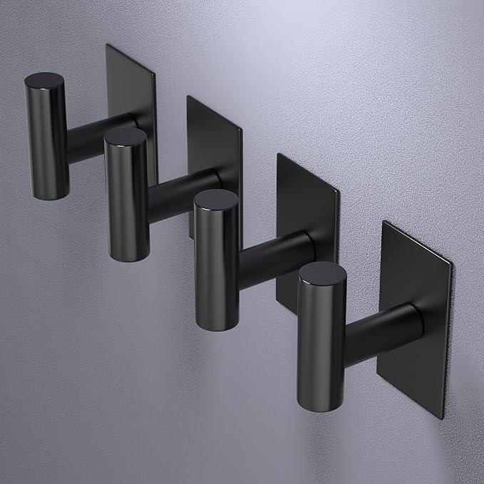 VAEHOLD Wall Towel Hooks, Heavy Duty Sticky Holder Waterproof Towel Hooks for Hanging Coat, Clothes, Closet Hook Wall Mount for Kitchen (Black, 4 Pack)