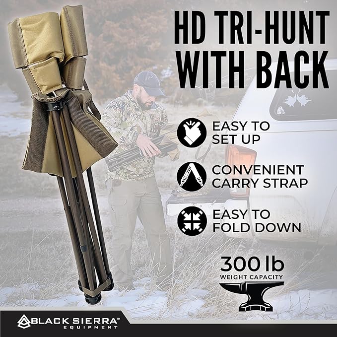 Black Sierra XL Tripod Hunting Stool, Foldable Tripod Seat w/Steel Frame Supports 300 Lbs, Heavy Duty Fishing Chair Features Cup-Holder & Carry Shoulder Strap, for Camping, Hiking, Fishing