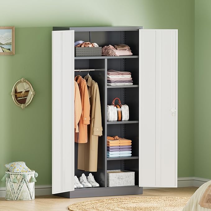INTERGREAT Metal Wardrobe Closet, 72" Locking Storage Wardrobe Cabinet with White Doors and Shelves, 18 "D x 36" W Steel Clothes Storage for Office, Home, School, Gym (White Grey)