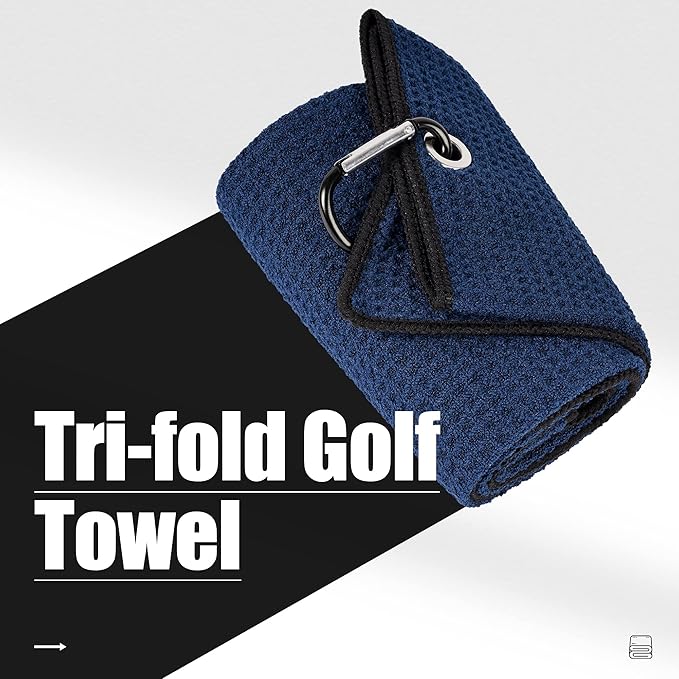 Mile High Life Tri-fold Golf Towel | Premium Microfiber Fabric | Waffle Pattern | with Heavy Duty Carabiner Clip | Golf Towel for Men and Women (NavyGolf Towel)