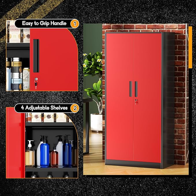 Greenvelly Metal Garage Storage Cabinet with Lock, 72" Metal Storage Cabinet with 2Doors and 4Adjustable Shelves, for Home Office, School,Gym (Black&Red)