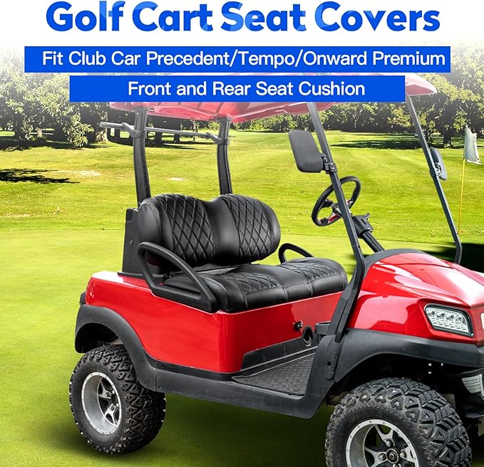 NOKINS Golf Cart Front&Rear Seat Covers Kit, Front Seat Covers Fits Club Car Precedent/Tempo/Onward Premium Seat Cushion, Rear Seat Covers Fits Aftermarket Standard Cushion (Black&Black Stitch)