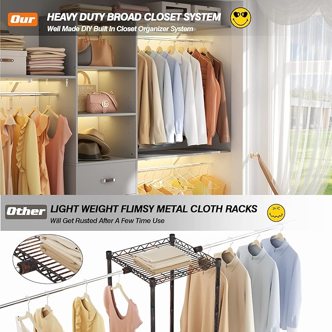 8FT Closet System, 96'' Closet Organizer System with 3 Hanging Rods, Wall Mount Bedroom Wardrobe with 3 Drawers Walk-in Closet, Adjustable Cloth Garment Rack from 5 to 8FT (Cut to Fit), Grey