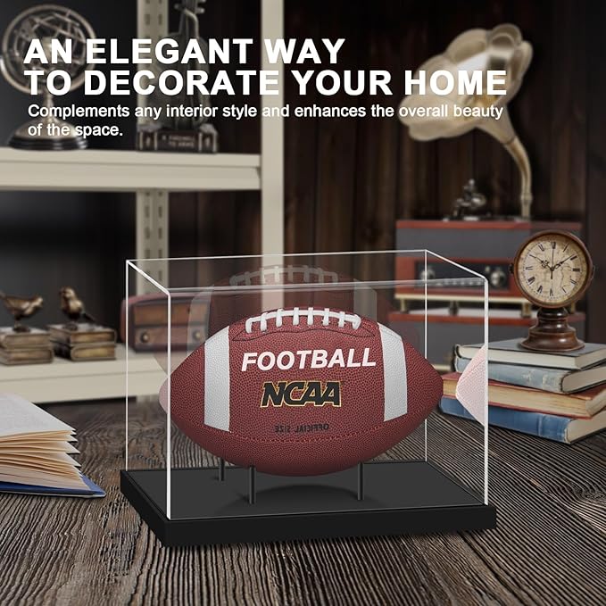 Football Display Case, Acrylic Football Case Clear, UV Protected Display Case with Solid Wood Base Stand for Full Size Signed Football Holder for Football Fans & Collectors