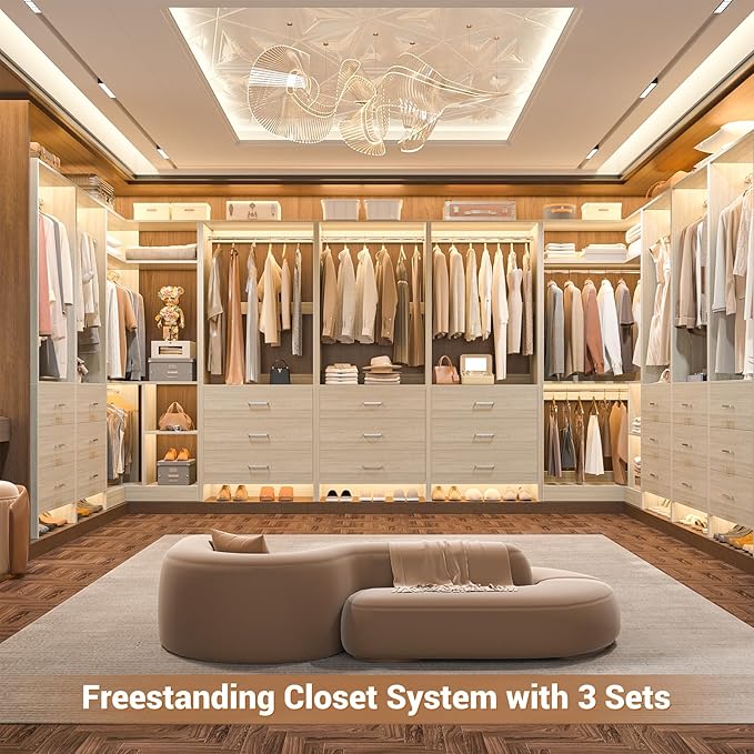 Aheaplus Closet System with 3 Drawers, 2 Hanging Rods & Corner Tower, Corner Closet System with Hanging, L-Shaped Walk-In Wardrobe Organizer, 1300+ lbs Capacity, Set of 2, White Oak