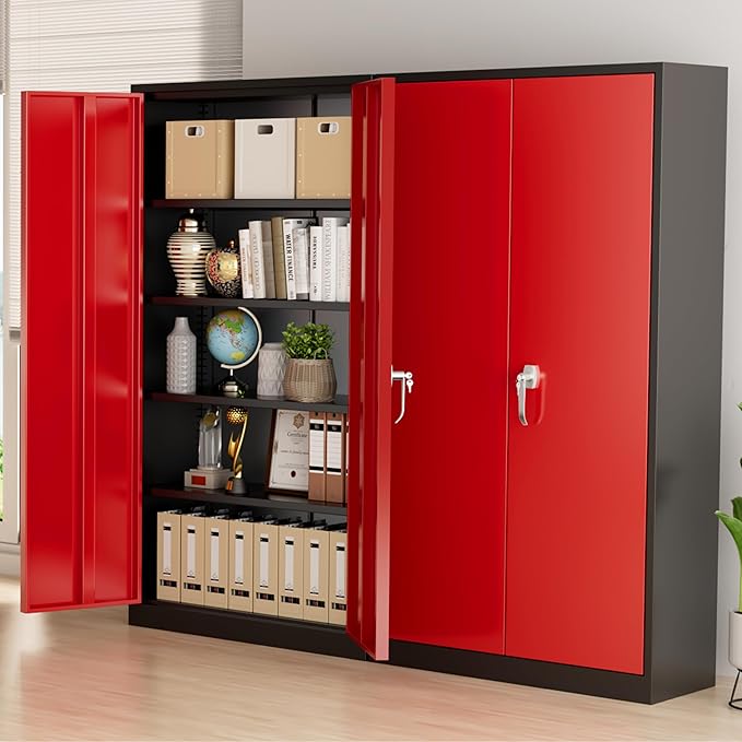 Greenvelly Metal Storage Cabinet with Doors and Shelves, 72”-Inch Locking Metal Cabinet,Garage Storage Cabinet for Garage Office School Warehouse (Black Red)