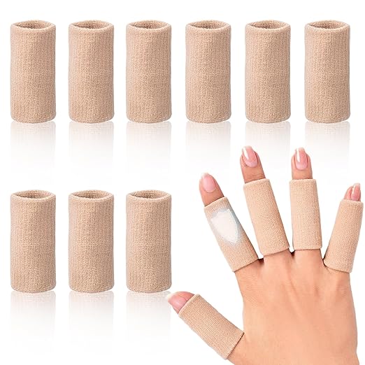 Finger Sleeves Protectors, 10Pcs Sport Finger Sleeves Elastic Thumb Brace Support for Basketball Golf Premium Fingers Sleeve for Arthritis Perfect for Relieving Pain (10pcs beige set)