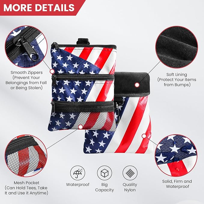 Golf Bag Accessories Valuables Pouch Bags Multi Pocket Zipper Hook with 10 Pcs Wood Golf Tees for Men Women