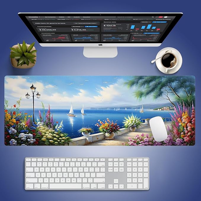 Extended XXL Gaming Mouse Pad with Stitched Edges - Sailing Boats Seaside Paradise Vibrant Flowers Blossoms Haven Scenery by The Calm Blue Sea, Smooth Fabric Surface Anti-Slip Base Large Desk Mat
