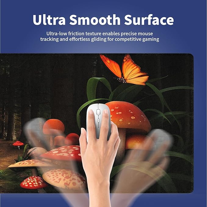 Extended XXL Gaming Mouse Pad with Stitched Edges for PC Home & Office - Mushrooms in Deep Dark Forest Fantasy Nature Earth Path Mystical Design, Smooth Fabric Surface Anti-Slip Base Large Desk Mat
