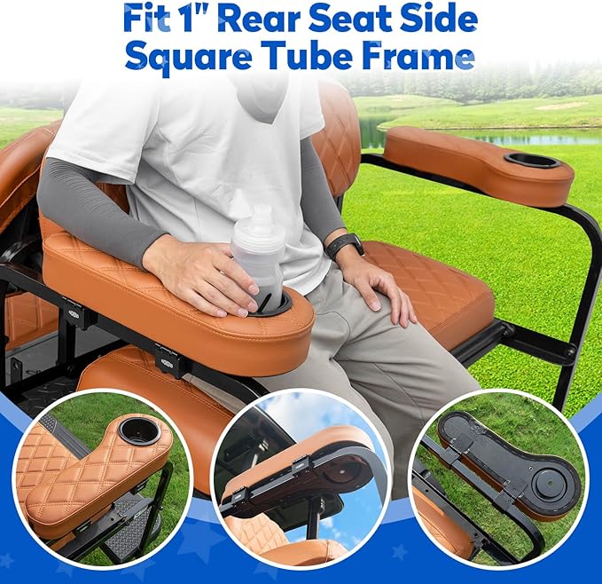 NOKINS Golf Cart Seat Covers for YAMAHA/G29/Drive2, Vinyl Front&Rear Seat Cover with Flip-Up Armrests kit, with Cup Holder, for 1" Square Tube (All Brown)