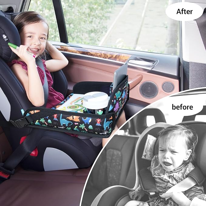 COOLBEBE Kids Travel Tray for Toddler Car Seat, Travel Tray for Airplane, Toddler Car Seat Lap Tray, Carseat Table Tray for Kids Travel Activities (Dinosaur)