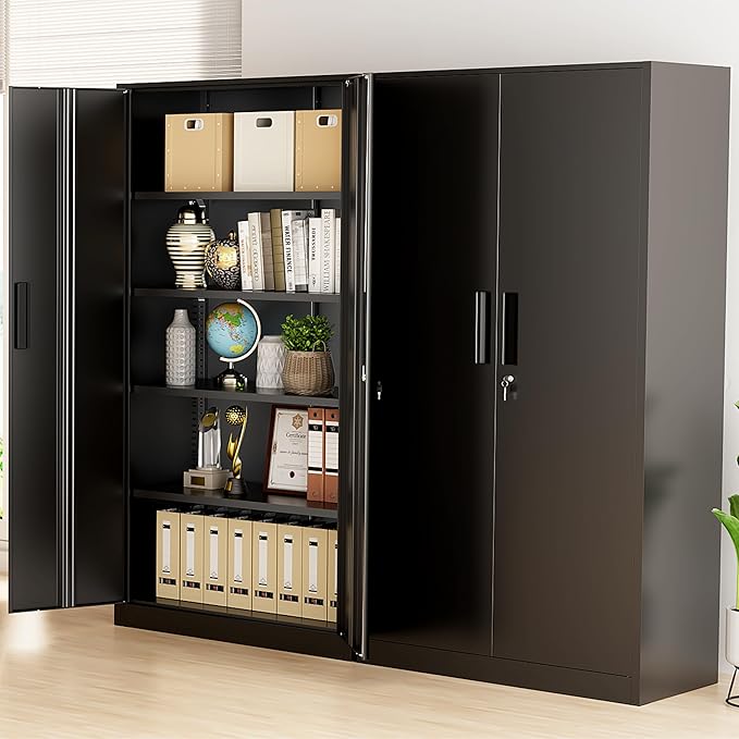 Greenvelly Metal Storage Cabinet, 72" Black Locking Metal Cabinet with 2 Doors and 4 Adjustable Shelves, Lockable Garage Storage Cabinets for Home Office, Garage, Kitchen, Living Room
