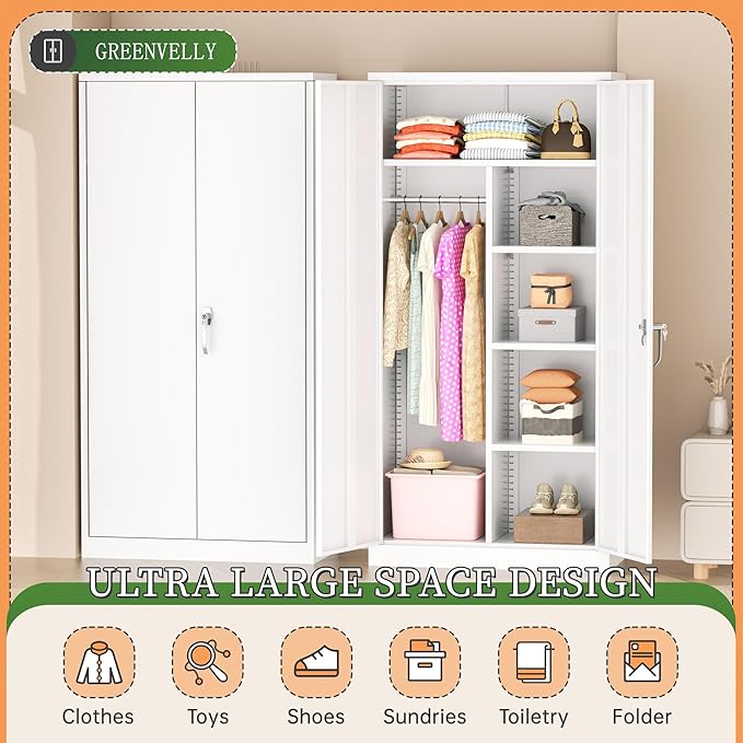 Greenvelly Metal Wardrobe Cabinet with Locking Doors, 72" H x 36" W White Metal Wardrobe Closet Cabinet with Hanging Rods and Adjustable Shelves, Steel Storage Closet for Home, Office, Employee, Gym