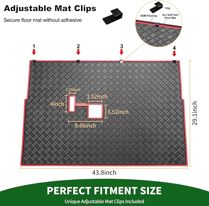 Golf Cart Floor Liner Mat 8mm Thick Rubber Full Coverage Fit for Club Car DS 1982-2013 / Villager 1982-2018 Carts Heavy-Duty Non-Slip Front Feet Mats Replacement Easy to Clean - Red Trim