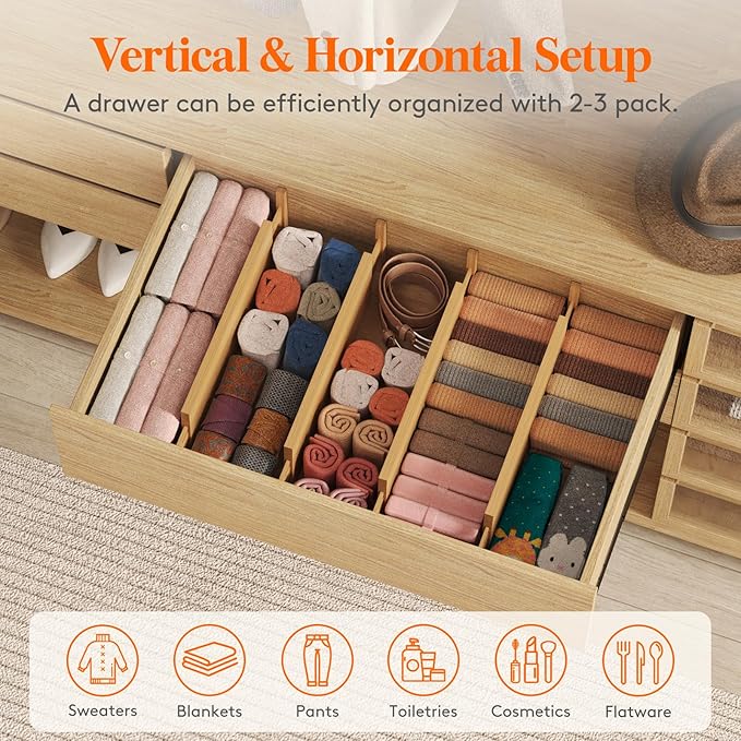 Lifewit 4 Pack 5" Deep Bamboo Drawer Dividers, 17.5-22" Expandable Drawer Organizers for Clothes, Adjustable Dresser Drawer Divider, Clothing Drawer Separators for Dresser, Bedroom, Bathroom, Kitchen