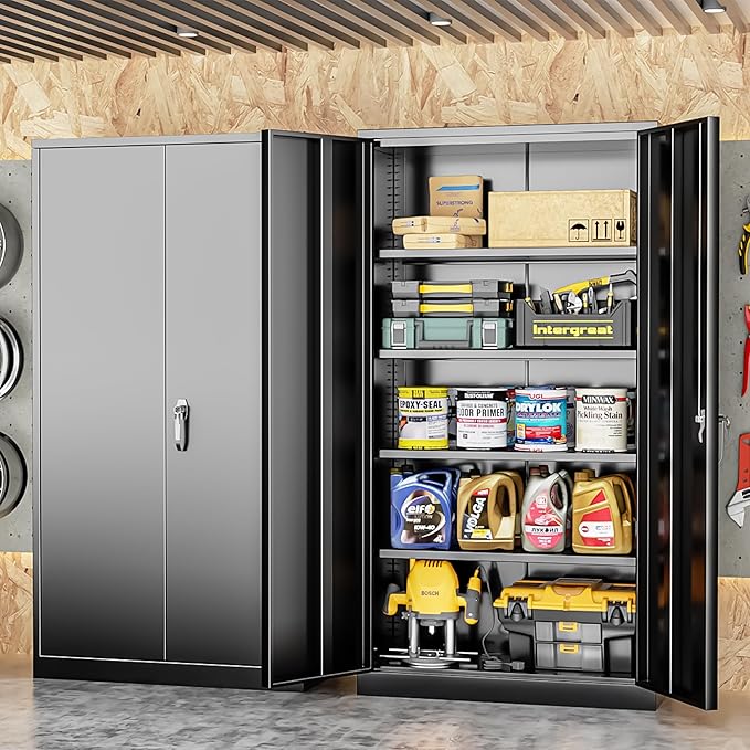 INTERGREAT Black Metal Storage Cabinet Doors, 72" Locking Steel Storage Cabinet with Shelves, Tall Metal Cabinet Lockable Steel Cabinets for Home Office, Garage