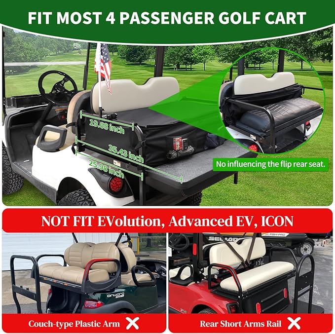 Golf Cart Rear Storage Bag for 4 Passenger EZGO, Club Car, Yamaha Golf Carts, 900D Water-Repellent No Drilling Grocery Shopping Cargo Box with Secure Net and Adjustable Straps for 2+2 Seat
