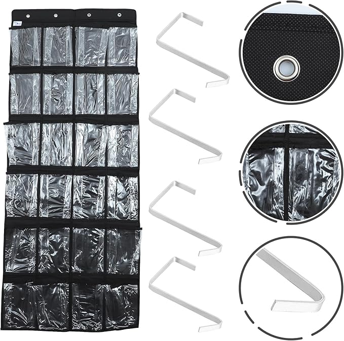 24-Pocket Shoe Hanging Organizer Bag, Black Non-Woven Fabric Door Hanging Storage Bag with Mesh Pockets, Multipurpose Closet Organizer for Bedroom and Home Use