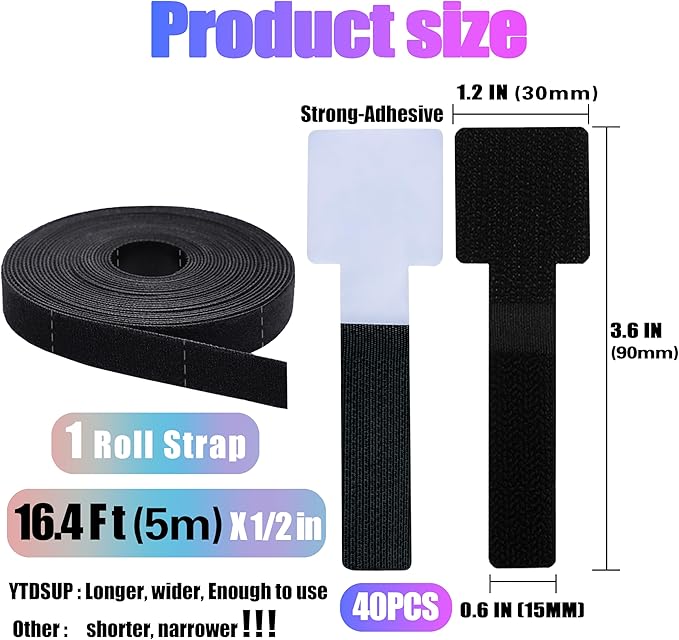 40+1 Hook and Loop Cable Ties, Sticky-Back Cord Organizer, Cable Clip, Self Adhesive Hook and Loop Cable Straps, Cable Management Under Desk, Adjustable Nylon Wire for Home, Office (Black)
