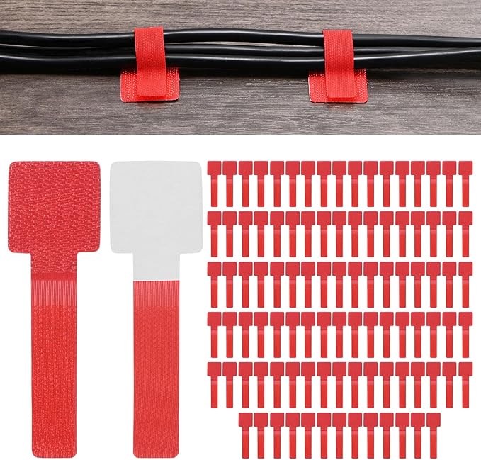 100-Pack Hook and Loop Cable Ties, 3.5 x 1.1 Inch Adjustable Self-Adhesive Cord Organizer for Desk/Home/Wall/Office Essentials, Cable Management Under Desk [Red]