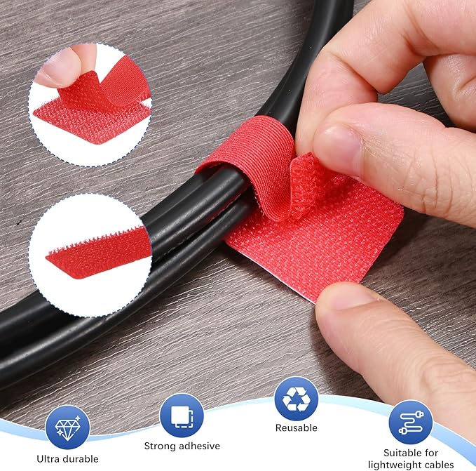 100-Pack Hook and Loop Cable Ties, 3.5 x 1.1 Inch Adjustable Self-Adhesive Cord Organizer for Desk/Home/Wall/Office Essentials, Cable Management Under Desk [Red]