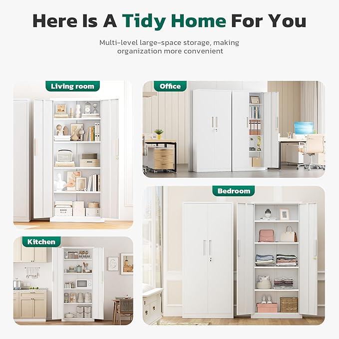 Greenvelly Metal Pantry Cabinet, 63”Tall White Kitchen Pantry Storage Cabinets with 2 Lock Doors and 4 Adjustable Shelves for Home Office, Dinning Room,Garage