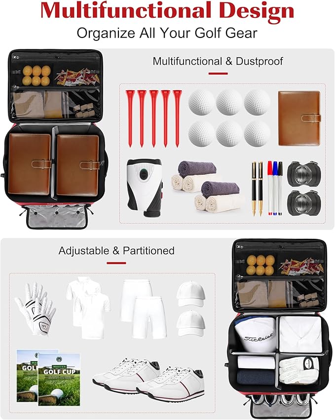 Golf Trunk Organizer, Waterproof Car Golf Locker with Separate Ventilated Compartment for 2 Pair Shoes, Golf Storage for Balls, Tees, Cap, Clothes, Gloves, Accessories, Gifts for Men, Women