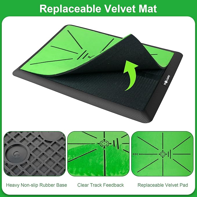 Golf Hitting Mat Golf Training Accessories for Swing Path Feedback 16.5"x12.5" with Replaceable Velvet Mat Practice Trainer Matt for Men Women Kids