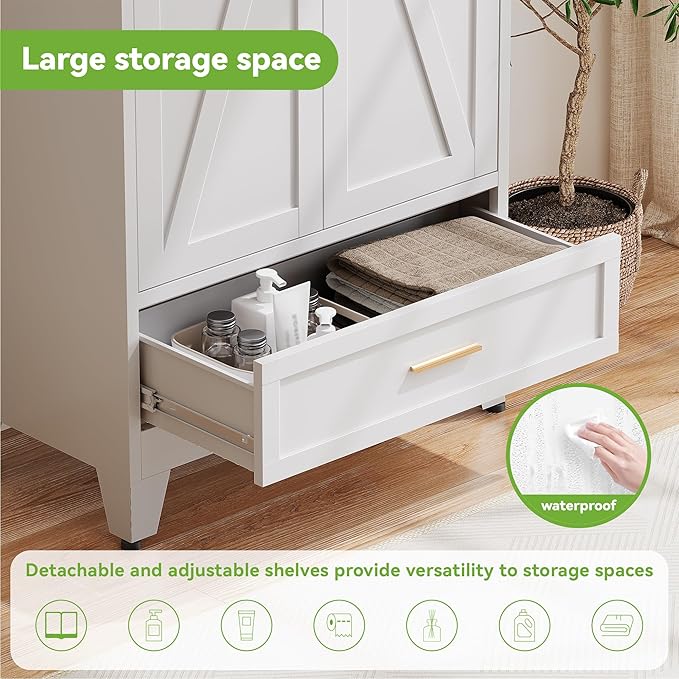 71"Tall Metal Storage Cabinet with Drawer and 4 Adjustable Shelves,Farmhouse Kitchen Pantry Storage Cabinet with Doors, Freestanding White Locker Cabinets for Office,Dining Room,Bathroom(White)
