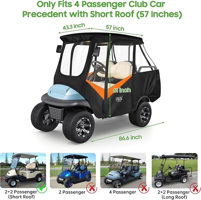 10L0L 4 Passenger Golf Cart Driving Enclosure for Club Car Precedent with Short Roof Up to 57", 4-Sided Clear Window 600D Rain Cover All Weather Windproof Waterproof - Black with Orange
