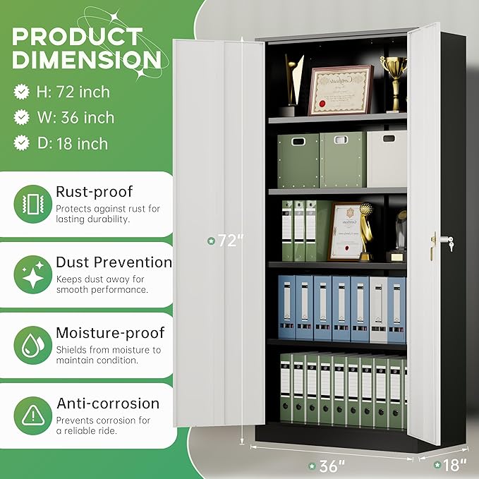 INTERGREAT Metal Storage Cabinet,72" Steel Lockable Cabinet with Locking Doors and Adjustable Shelves,Locking Tool Cabinets for Office,Home,Garage,Gym,School (Black Grey)