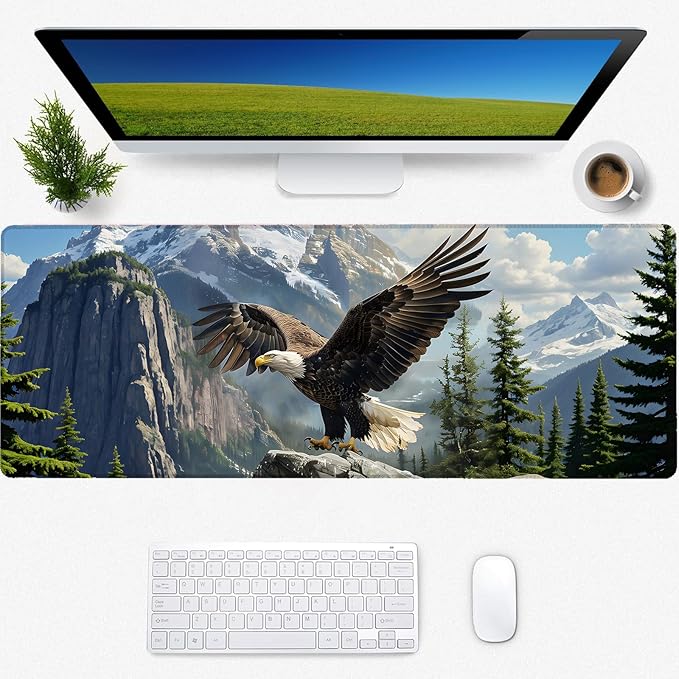 Bald Eagle Gaming Mouse Pad, Desk Mat, Non-Slip Rubber Base Cool Aesthetic MousePads for Computer Laptop Keyboard Office School Home Desktop Accessories Decor 31.5" x 11.8"