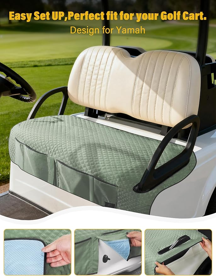 Golf Cart Seat Covers,Golf Cart Seat Towel Blanket with 4 Front Pockets & Nonskid Bottom Fits for EZGO, Yamaha, Club Car and More 2 Person Seats Golf Carts (Silver Green, Yamaha)
