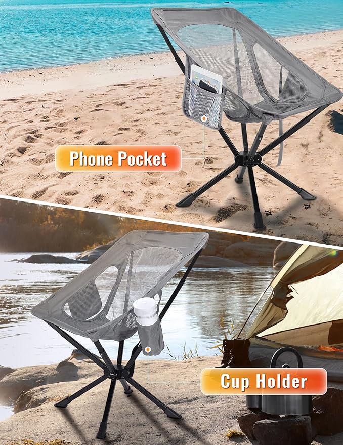 Portable Chairs for Adults Foldable, Fast Setup, Lightweight & Small Folding Chair with Cup Holder, Side Pocket and Carry Bag - Support 350 LBS