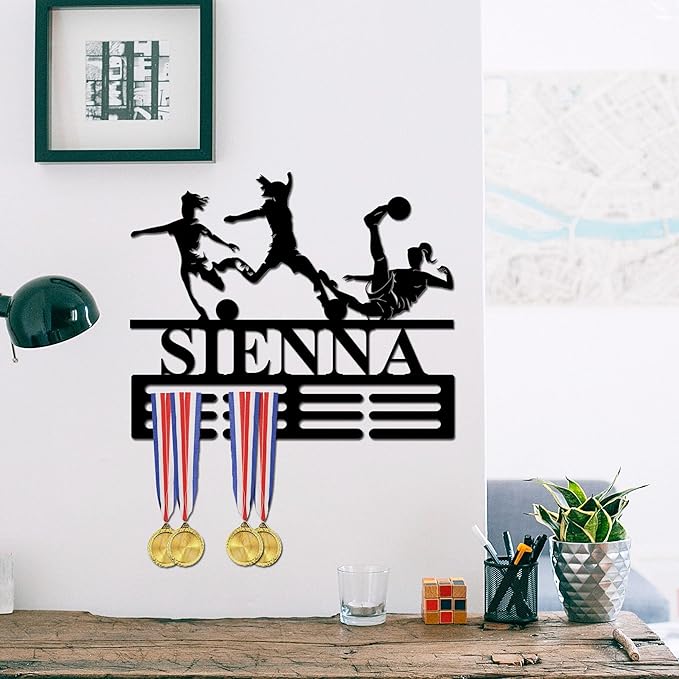 Custom Soccer Achievement Holder Girl Soccer Achievement Hanger with Name, 12 Rungs for Achievements & Ribbons, Soccer Achievement Display Award Display Rack