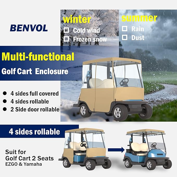 BENVOL Golf Cart Cover, For 2 Seater, Driving Use, 4 Sides Rolled Up, Waterproof, Windproof, Dustproof, 600D Waterproof Oxford Cloth, Super Transparent EVA, For Club Car Precedent/Tempo/ Onward, EZGO