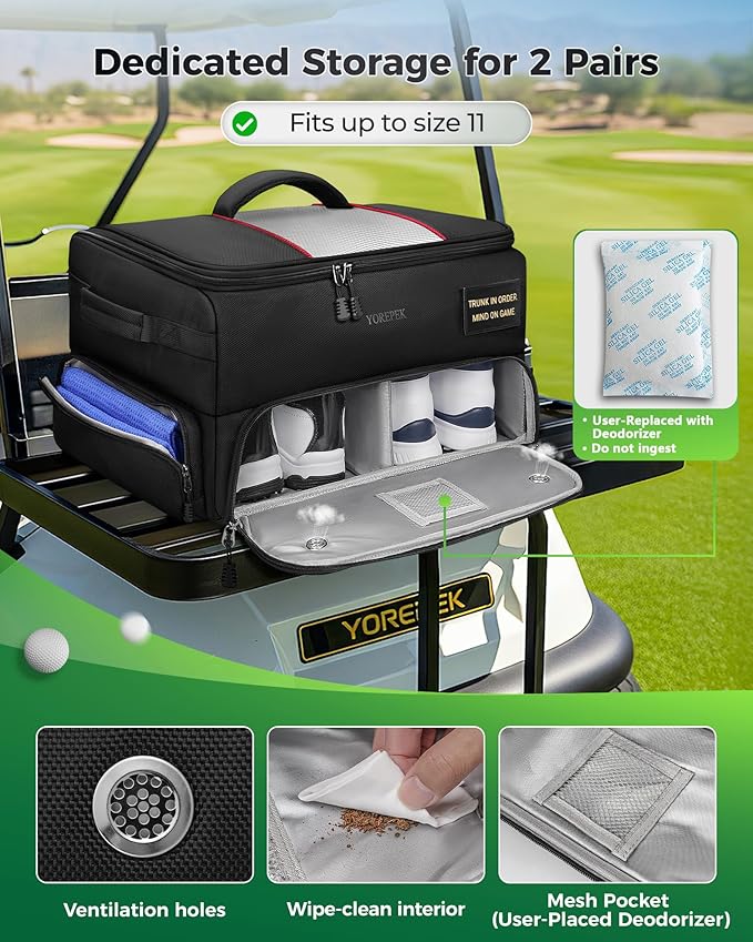 YOREPEK Upgraded Golf Trunk Organizer, Christmas Gifts for Golfers, with Removable Insulated Pouch&Dust-Proof Protective Layer, Multi-Compartment fits 2 Pairs of Shoes, Golf Accessories